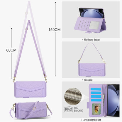 For Samsung Galaxy Z Fold6 Splicing Rhombic Texture Card Holder Phone Case with Lanyard, Not Included Pen(Purple) - Galaxy Z Fold6 5G Cases by buy2fix | Online Shopping UK | buy2fix