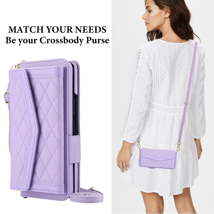 For Samsung Galaxy Z Fold6 Splicing Rhombic Texture Card Holder Phone Case with Lanyard, Not Included Pen(Purple) - Galaxy Z Fold6 5G Cases by buy2fix | Online Shopping UK | buy2fix