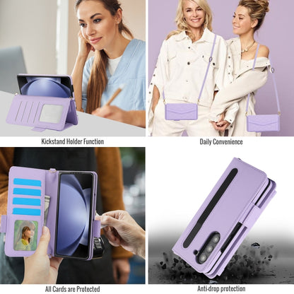 For Samsung Galaxy Z Fold6 Splicing Rhombic Texture Card Holder Phone Case with Lanyard, Not Included Pen(Purple) - Galaxy Z Fold6 5G Cases by buy2fix | Online Shopping UK | buy2fix