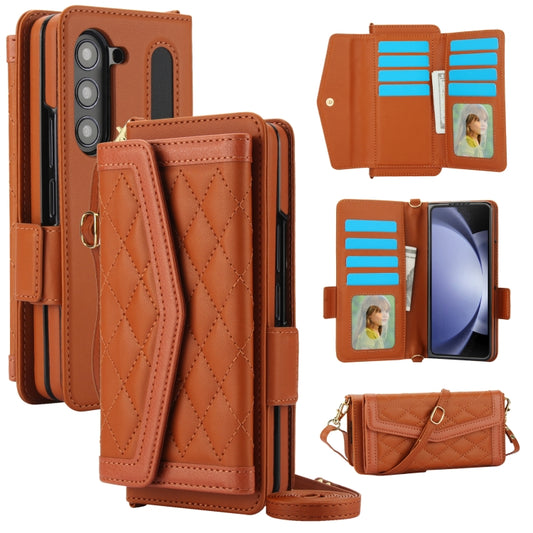 For Samsung Galaxy Z Fold6 Splicing Rhombic Texture Card Holder Phone Case with Lanyard, Not Included Pen(Brown) - Galaxy Z Fold6 5G Cases by buy2fix | Online Shopping UK | buy2fix