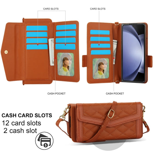 For Samsung Galaxy Z Fold6 Splicing Rhombic Texture Card Holder Phone Case with Lanyard, Not Included Pen(Brown) - Galaxy Z Fold6 5G Cases by buy2fix | Online Shopping UK | buy2fix
