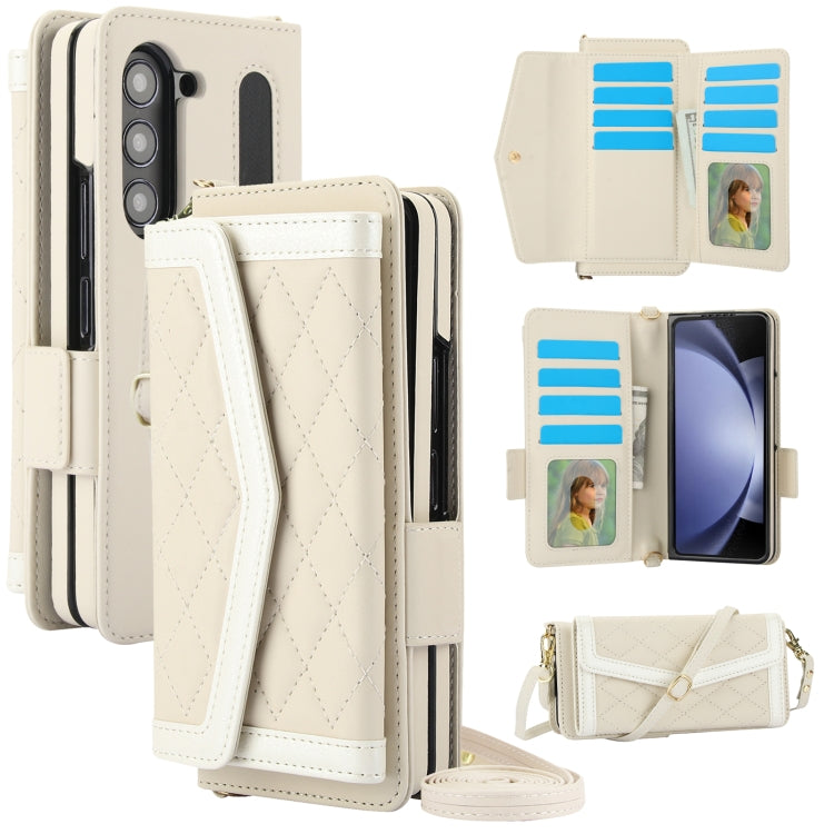 For Samsung Galaxy Z Fold5 Splicing Rhombic Texture Card Holder Phone Case with Lanyard, Not Included Pen(Beige) - Galaxy Z Fold5 Cases by buy2fix | Online Shopping UK | buy2fix