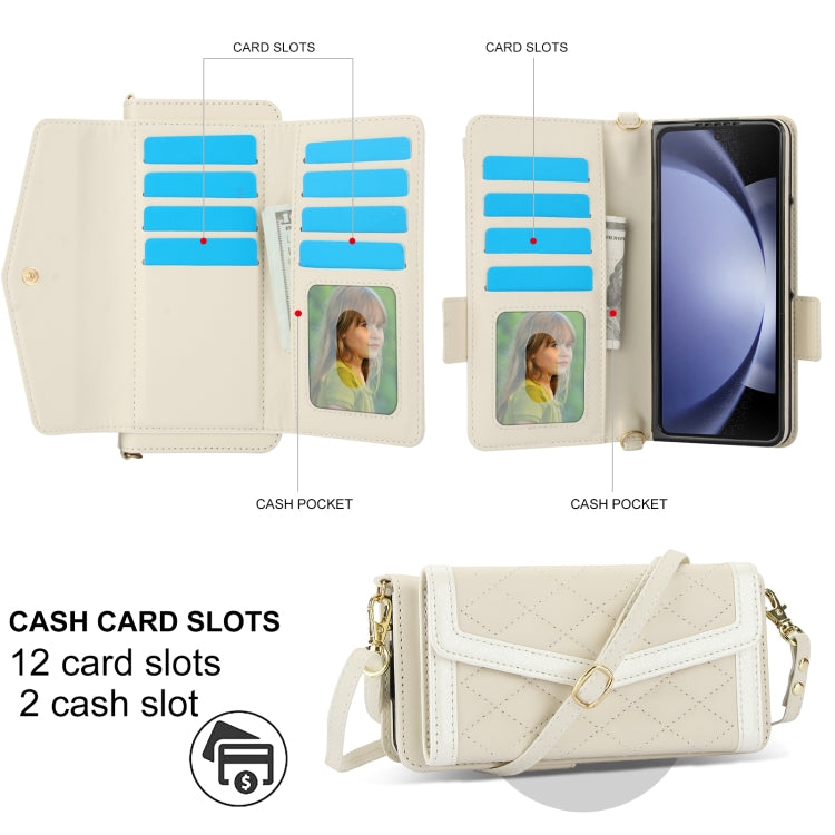 For Samsung Galaxy Z Fold5 Splicing Rhombic Texture Card Holder Phone Case with Lanyard, Not Included Pen(Beige) - Galaxy Z Fold5 Cases by buy2fix | Online Shopping UK | buy2fix