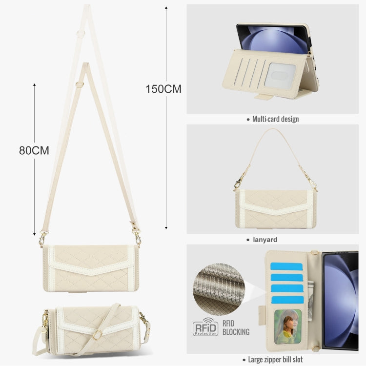 For Samsung Galaxy Z Fold5 Splicing Rhombic Texture Card Holder Phone Case with Lanyard, Not Included Pen(Beige) - Galaxy Z Fold5 Cases by buy2fix | Online Shopping UK | buy2fix