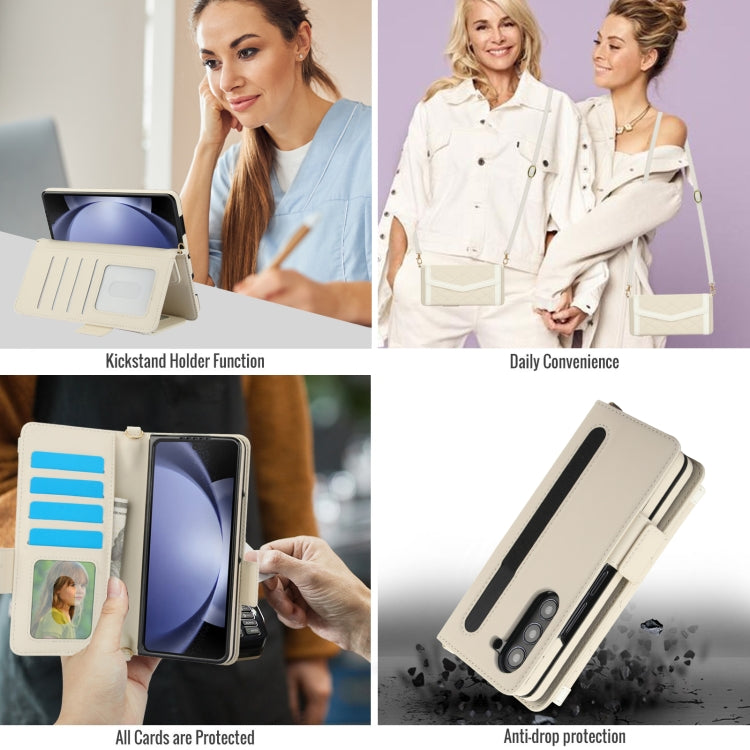 For Samsung Galaxy Z Fold5 Splicing Rhombic Texture Card Holder Phone Case with Lanyard, Not Included Pen(Beige) - Galaxy Z Fold5 Cases by buy2fix | Online Shopping UK | buy2fix
