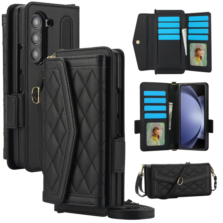 For Samsung Galaxy Z Fold5 Splicing Rhombic Texture Card Holder Phone Case with Lanyard, Not Included Pen(Black) - Galaxy Z Fold5 Cases by buy2fix | Online Shopping UK | buy2fix