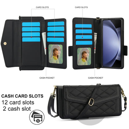 For Samsung Galaxy Z Fold5 Splicing Rhombic Texture Card Holder Phone Case with Lanyard, Not Included Pen(Black) - Galaxy Z Fold5 Cases by buy2fix | Online Shopping UK | buy2fix