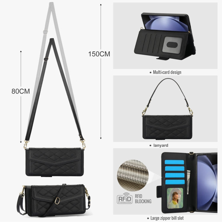 For Samsung Galaxy Z Fold5 Splicing Rhombic Texture Card Holder Phone Case with Lanyard, Not Included Pen(Black) - Galaxy Z Fold5 Cases by buy2fix | Online Shopping UK | buy2fix