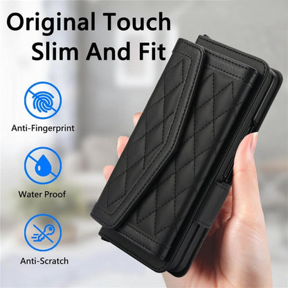 For Samsung Galaxy Z Fold5 Splicing Rhombic Texture Card Holder Phone Case with Lanyard, Not Included Pen(Black) - Galaxy Z Fold5 Cases by buy2fix | Online Shopping UK | buy2fix