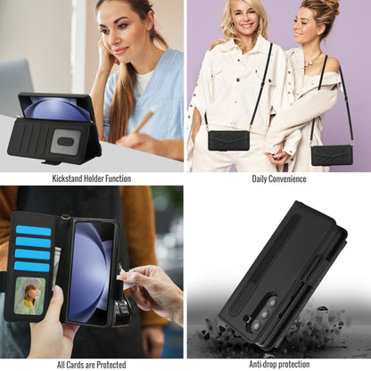 For Samsung Galaxy Z Fold5 Splicing Rhombic Texture Card Holder Phone Case with Lanyard, Not Included Pen(Black) - Galaxy Z Fold5 Cases by buy2fix | Online Shopping UK | buy2fix