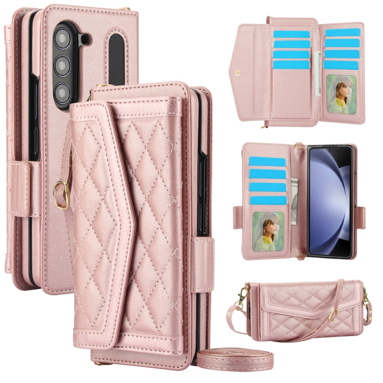 For Samsung Galaxy Z Fold5 Splicing Rhombic Texture Card Holder Phone Case with Lanyard, Not Included Pen(Rose Gold) - Galaxy Z Fold5 Cases by buy2fix | Online Shopping UK | buy2fix