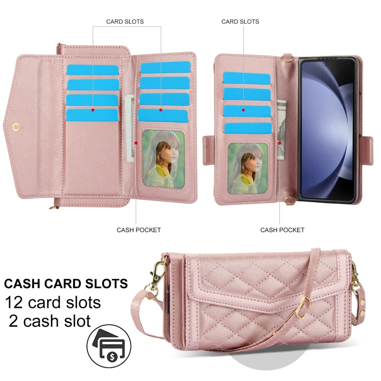 For Samsung Galaxy Z Fold5 Splicing Rhombic Texture Card Holder Phone Case with Lanyard, Not Included Pen(Rose Gold) - Galaxy Z Fold5 Cases by buy2fix | Online Shopping UK | buy2fix