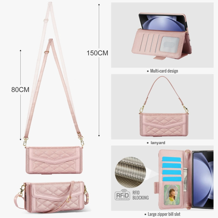 For Samsung Galaxy Z Fold5 Splicing Rhombic Texture Card Holder Phone Case with Lanyard, Not Included Pen(Rose Gold) - Galaxy Z Fold5 Cases by buy2fix | Online Shopping UK | buy2fix
