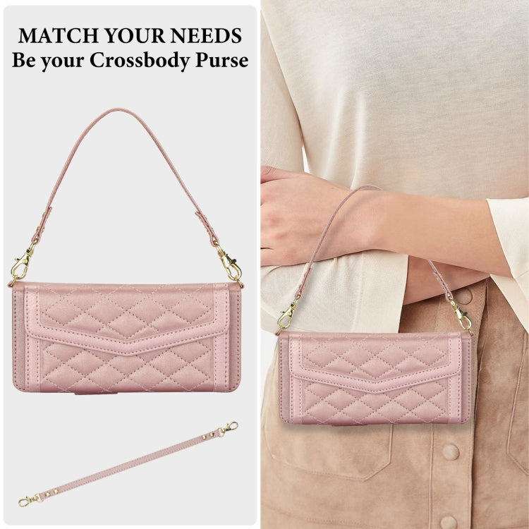 For Samsung Galaxy Z Fold5 Splicing Rhombic Texture Card Holder Phone Case with Lanyard, Not Included Pen(Rose Gold) - Galaxy Z Fold5 Cases by buy2fix | Online Shopping UK | buy2fix