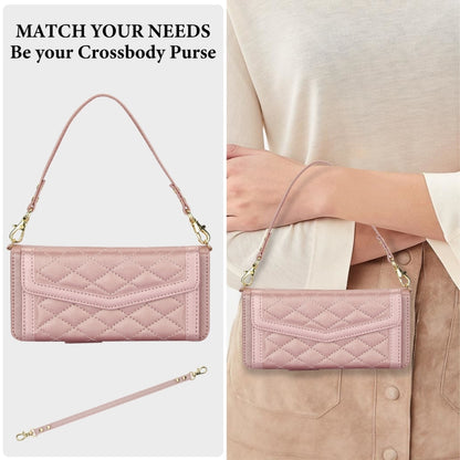 For Samsung Galaxy Z Fold5 Splicing Rhombic Texture Card Holder Phone Case with Lanyard, Not Included Pen(Rose Gold) - Galaxy Z Fold5 Cases by buy2fix | Online Shopping UK | buy2fix