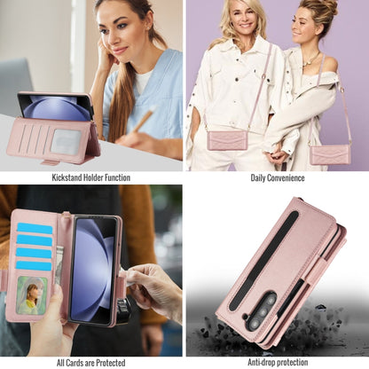 For Samsung Galaxy Z Fold5 Splicing Rhombic Texture Card Holder Phone Case with Lanyard, Not Included Pen(Rose Gold) - Galaxy Z Fold5 Cases by buy2fix | Online Shopping UK | buy2fix