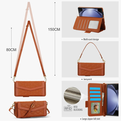 For Samsung Galaxy Z Fold5 Splicing Rhombic Texture Card Holder Phone Case with Lanyard, Not Included Pen(Brown) - Galaxy Z Fold5 Cases by buy2fix | Online Shopping UK | buy2fix