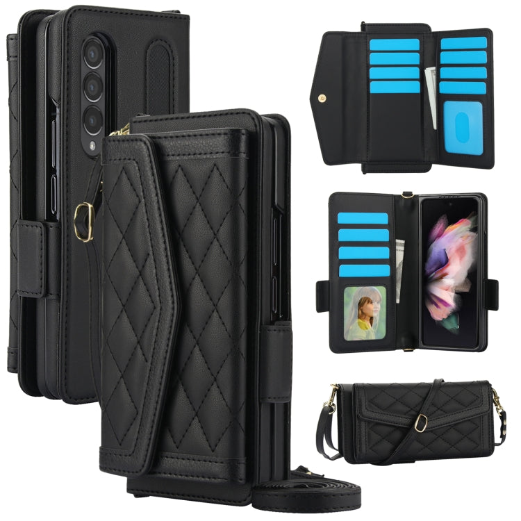 For Samsung Galaxy Z Fold4 Splicing Rhombic Texture Card Holder Phone Case with Lanyard, Not Included Pen(Black) - Galaxy Z Fold4 5G Cases by buy2fix | Online Shopping UK | buy2fix