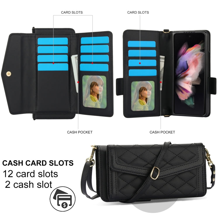 For Samsung Galaxy Z Fold4 Splicing Rhombic Texture Card Holder Phone Case with Lanyard, Not Included Pen(Black) - Galaxy Z Fold4 5G Cases by buy2fix | Online Shopping UK | buy2fix