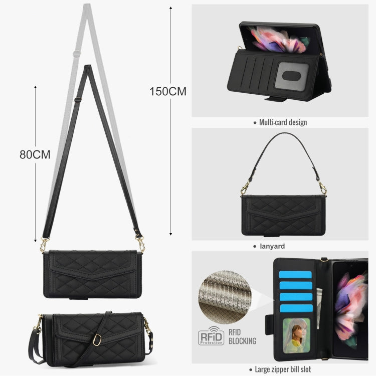 For Samsung Galaxy Z Fold4 Splicing Rhombic Texture Card Holder Phone Case with Lanyard, Not Included Pen(Black) - Galaxy Z Fold4 5G Cases by buy2fix | Online Shopping UK | buy2fix