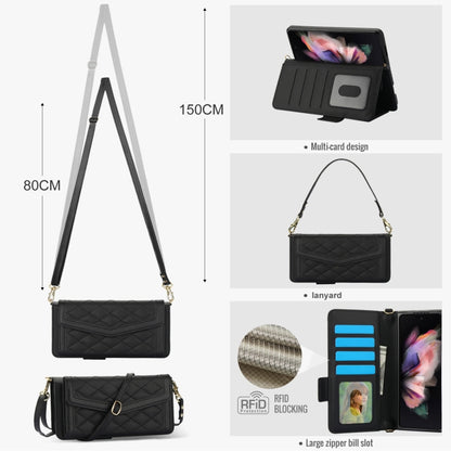 For Samsung Galaxy Z Fold4 Splicing Rhombic Texture Card Holder Phone Case with Lanyard, Not Included Pen(Black) - Galaxy Z Fold4 5G Cases by buy2fix | Online Shopping UK | buy2fix