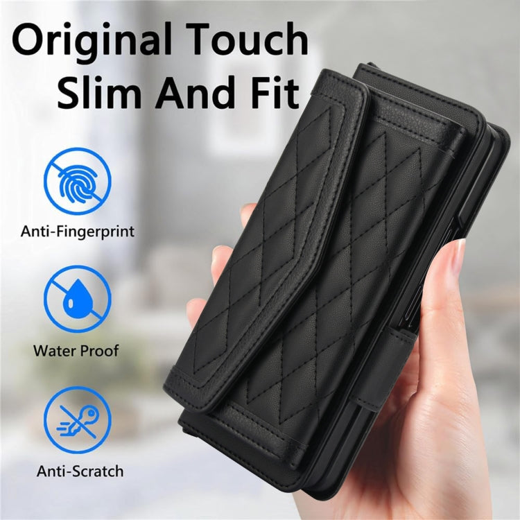 For Samsung Galaxy Z Fold4 Splicing Rhombic Texture Card Holder Phone Case with Lanyard, Not Included Pen(Black) - Galaxy Z Fold4 5G Cases by buy2fix | Online Shopping UK | buy2fix