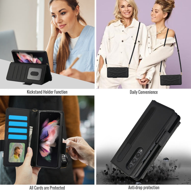 For Samsung Galaxy Z Fold4 Splicing Rhombic Texture Card Holder Phone Case with Lanyard, Not Included Pen(Black) - Galaxy Z Fold4 5G Cases by buy2fix | Online Shopping UK | buy2fix