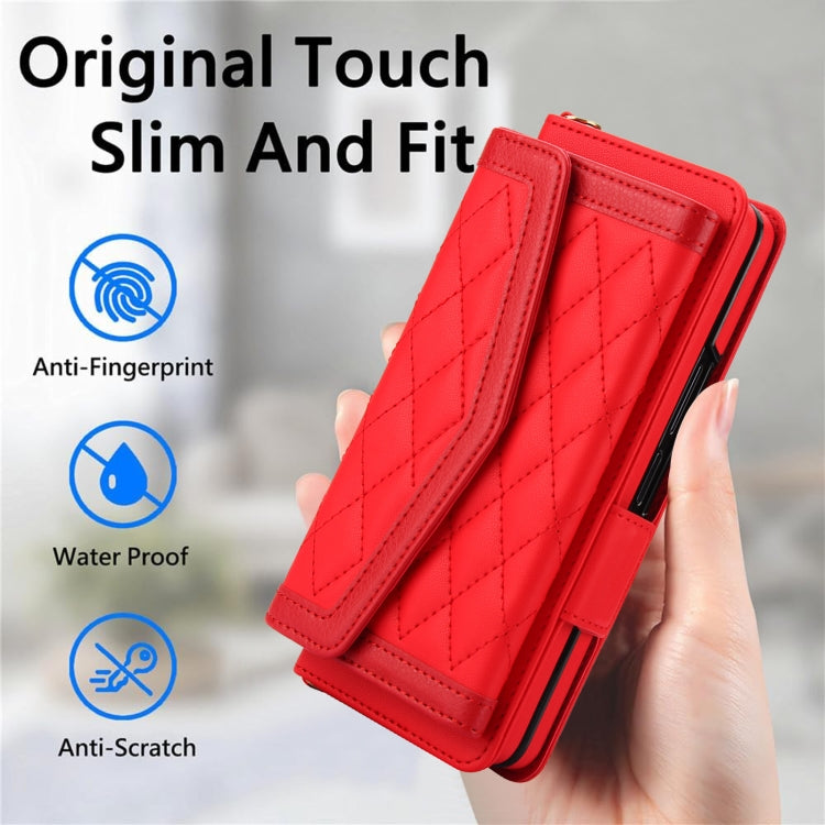 For Samsung Galaxy Z Fold4 Splicing Rhombic Texture Card Holder Phone Case with Lanyard, Not Included Pen(Red) - Galaxy Z Fold4 5G Cases by buy2fix | Online Shopping UK | buy2fix