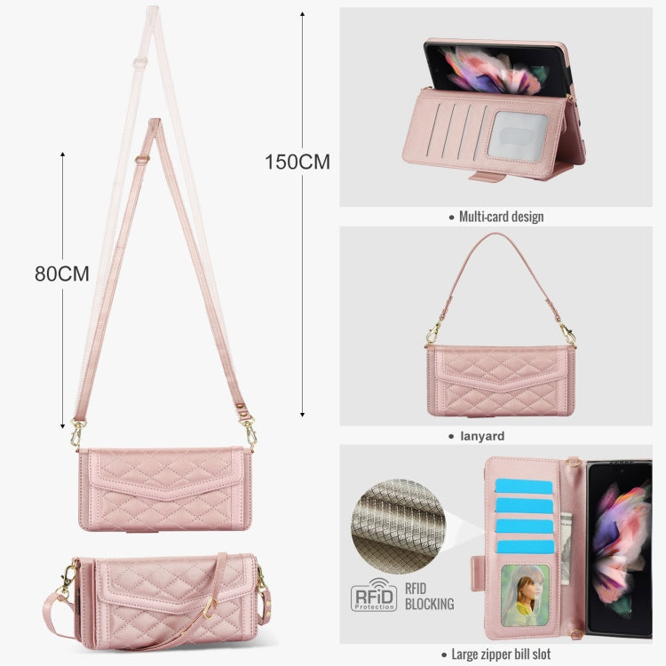 For Samsung Galaxy Z Fold4 Splicing Rhombic Texture Card Holder Phone Case with Lanyard, Not Included Pen(Rose Gold) - Galaxy Z Fold4 5G Cases by buy2fix | Online Shopping UK | buy2fix