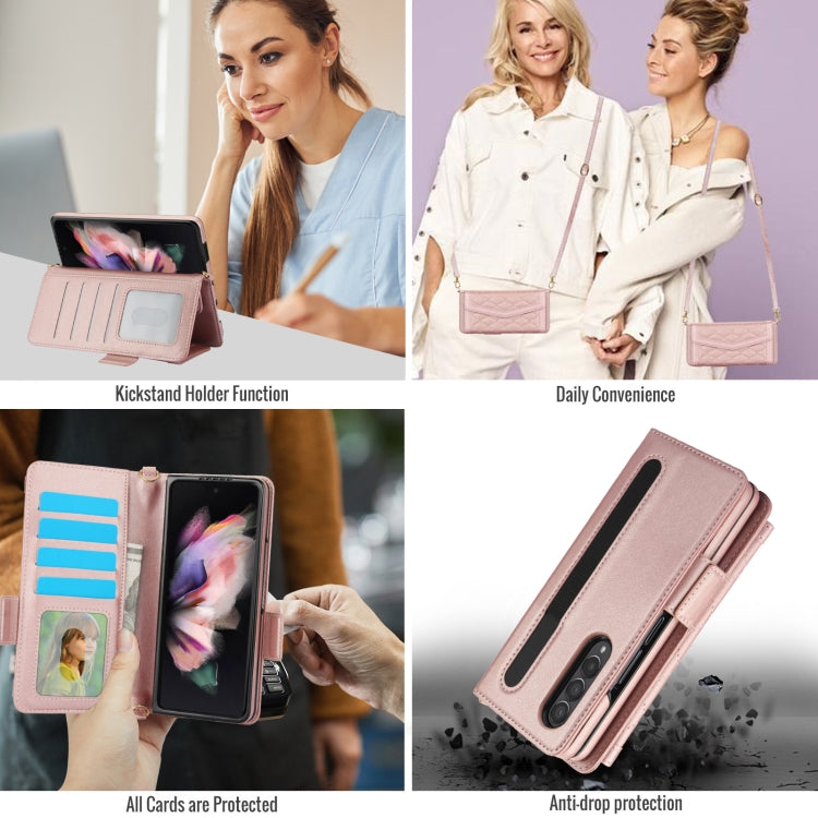 For Samsung Galaxy Z Fold4 Splicing Rhombic Texture Card Holder Phone Case with Lanyard, Not Included Pen(Rose Gold) - Galaxy Z Fold4 5G Cases by buy2fix | Online Shopping UK | buy2fix