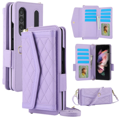 For Samsung Galaxy Z Fold4 Splicing Rhombic Texture Card Holder Phone Case with Lanyard, Not Included Pen(Purple) - Galaxy Z Fold4 5G Cases by buy2fix | Online Shopping UK | buy2fix