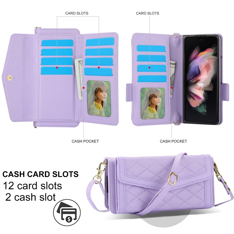 For Samsung Galaxy Z Fold4 Splicing Rhombic Texture Card Holder Phone Case with Lanyard, Not Included Pen(Purple) - Galaxy Z Fold4 5G Cases by buy2fix | Online Shopping UK | buy2fix
