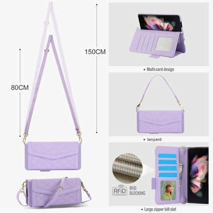 For Samsung Galaxy Z Fold4 Splicing Rhombic Texture Card Holder Phone Case with Lanyard, Not Included Pen(Purple) - Galaxy Z Fold4 5G Cases by buy2fix | Online Shopping UK | buy2fix