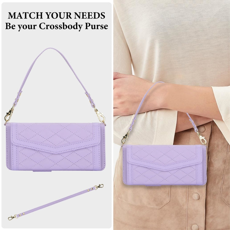 For Samsung Galaxy Z Fold4 Splicing Rhombic Texture Card Holder Phone Case with Lanyard, Not Included Pen(Purple) - Galaxy Z Fold4 5G Cases by buy2fix | Online Shopping UK | buy2fix