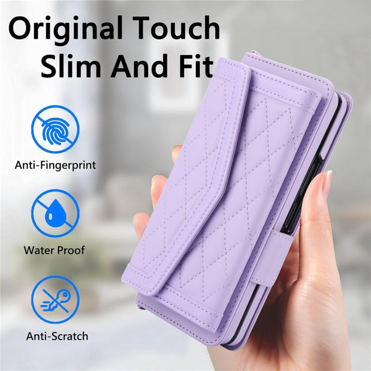 For Samsung Galaxy Z Fold4 Splicing Rhombic Texture Card Holder Phone Case with Lanyard, Not Included Pen(Purple) - Galaxy Z Fold4 5G Cases by buy2fix | Online Shopping UK | buy2fix