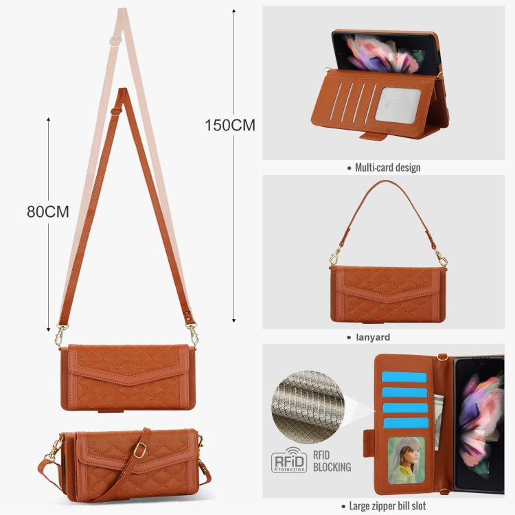 For Samsung Galaxy Z Fold4 Splicing Rhombic Texture Card Holder Phone Case with Lanyard, Not Included Pen(Brown) - Galaxy Z Fold4 5G Cases by buy2fix | Online Shopping UK | buy2fix
