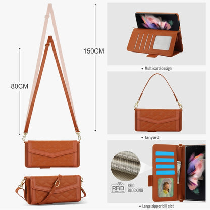 For Samsung Galaxy Z Fold4 Splicing Rhombic Texture Card Holder Phone Case with Lanyard, Not Included Pen(Brown) - Galaxy Z Fold4 5G Cases by buy2fix | Online Shopping UK | buy2fix