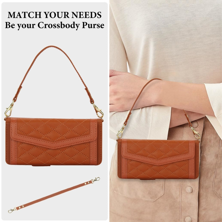 For Samsung Galaxy Z Fold4 Splicing Rhombic Texture Card Holder Phone Case with Lanyard, Not Included Pen(Brown) - Galaxy Z Fold4 5G Cases by buy2fix | Online Shopping UK | buy2fix