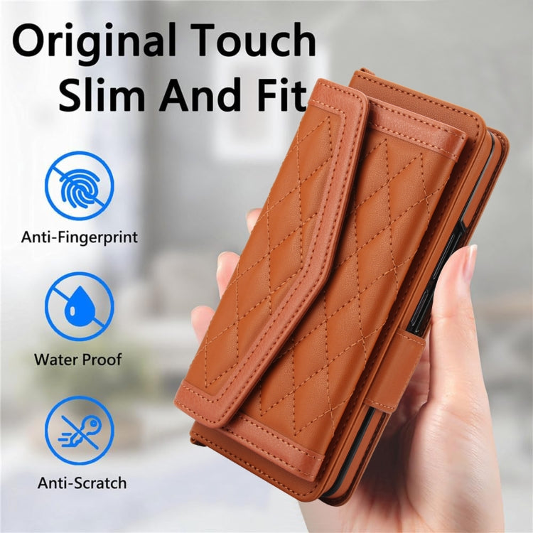 For Samsung Galaxy Z Fold4 Splicing Rhombic Texture Card Holder Phone Case with Lanyard, Not Included Pen(Brown) - Galaxy Z Fold4 5G Cases by buy2fix | Online Shopping UK | buy2fix