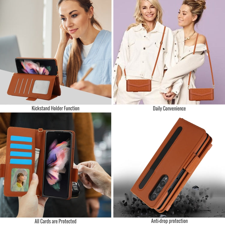 For Samsung Galaxy Z Fold4 Splicing Rhombic Texture Card Holder Phone Case with Lanyard, Not Included Pen(Brown) - Galaxy Z Fold4 5G Cases by buy2fix | Online Shopping UK | buy2fix