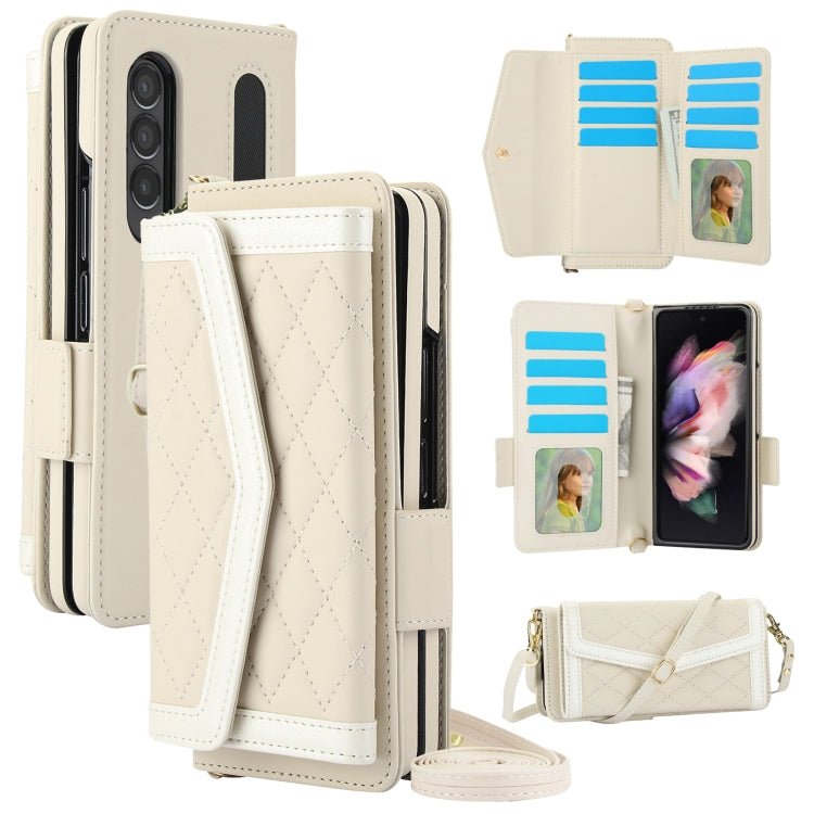 For Samsung Galaxy Z Fold3 5G Splicing Rhombic Texture Card Holder Phone Case with Lanyard, Not Included Pen(Beige) - Galaxy Phone Cases by buy2fix | Online Shopping UK | buy2fix