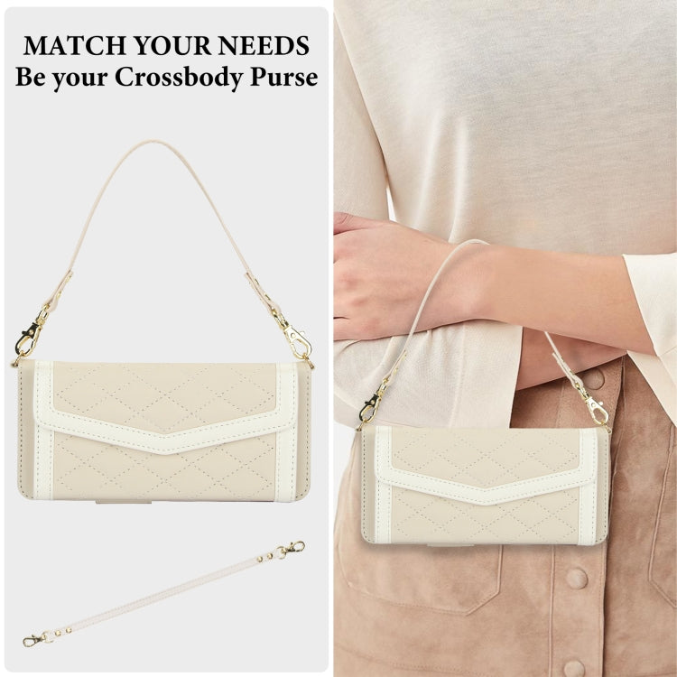 For Samsung Galaxy Z Fold3 5G Splicing Rhombic Texture Card Holder Phone Case with Lanyard, Not Included Pen(Beige) - Galaxy Phone Cases by buy2fix | Online Shopping UK | buy2fix