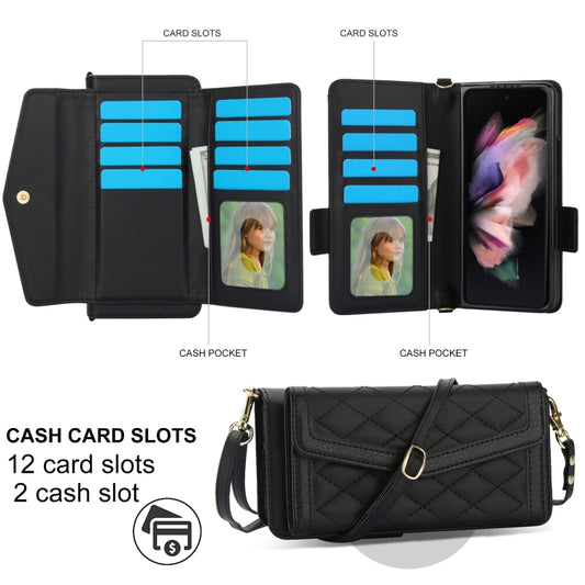 For Samsung Galaxy Z Fold3 5G Splicing Rhombic Texture Card Holder Phone Case with Lanyard, Not Included Pen(Black) - Galaxy Phone Cases by buy2fix | Online Shopping UK | buy2fix