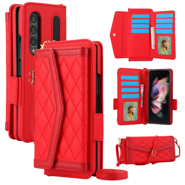 For Samsung Galaxy Z Fold3 5G Splicing Rhombic Texture Card Holder Phone Case with Lanyard, Not Included Pen(Red) - Galaxy Phone Cases by buy2fix | Online Shopping UK | buy2fix