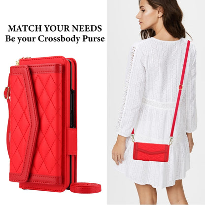 For Samsung Galaxy Z Fold3 5G Splicing Rhombic Texture Card Holder Phone Case with Lanyard, Not Included Pen(Red) - Galaxy Phone Cases by buy2fix | Online Shopping UK | buy2fix