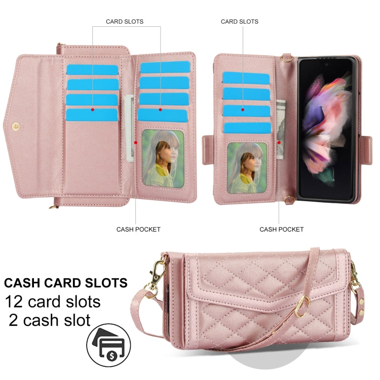 For Samsung Galaxy Z Fold3 5G Splicing Rhombic Texture Card Holder Phone Case with Lanyard, Not Included Pen(Rose Gold) - Galaxy Phone Cases by buy2fix | Online Shopping UK | buy2fix