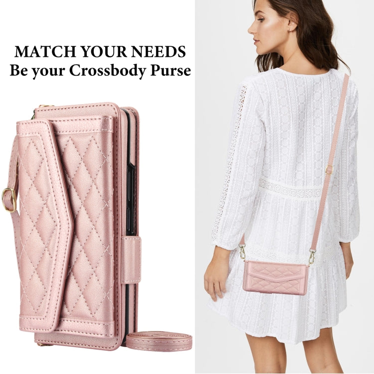 For Samsung Galaxy Z Fold3 5G Splicing Rhombic Texture Card Holder Phone Case with Lanyard, Not Included Pen(Rose Gold) - Galaxy Phone Cases by buy2fix | Online Shopping UK | buy2fix