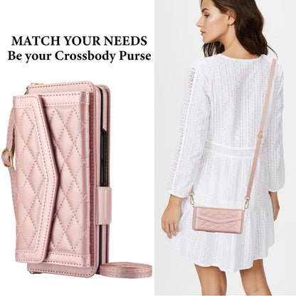 For Samsung Galaxy Z Fold3 5G Splicing Rhombic Texture Card Holder Phone Case with Lanyard, Not Included Pen(Rose Gold) - Galaxy Phone Cases by buy2fix | Online Shopping UK | buy2fix