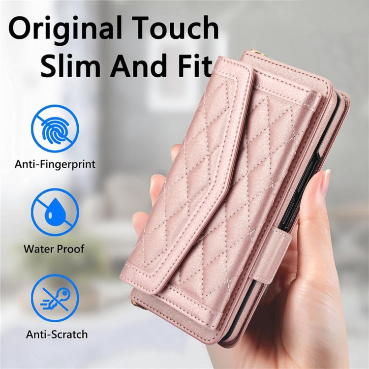 For Samsung Galaxy Z Fold3 5G Splicing Rhombic Texture Card Holder Phone Case with Lanyard, Not Included Pen(Rose Gold) - Galaxy Phone Cases by buy2fix | Online Shopping UK | buy2fix