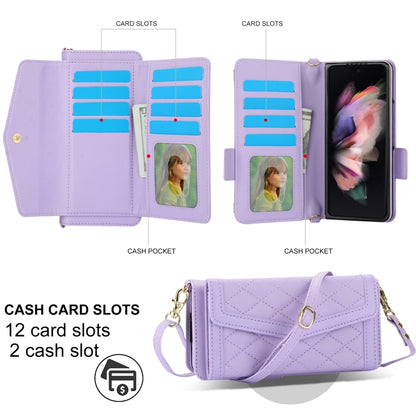 For Samsung Galaxy Z Fold3 5G Splicing Rhombic Texture Card Holder Phone Case with Lanyard, Not Included Pen(Purple) - Galaxy Phone Cases by buy2fix | Online Shopping UK | buy2fix